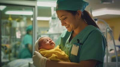 nurse preparing an infant to transition to home care