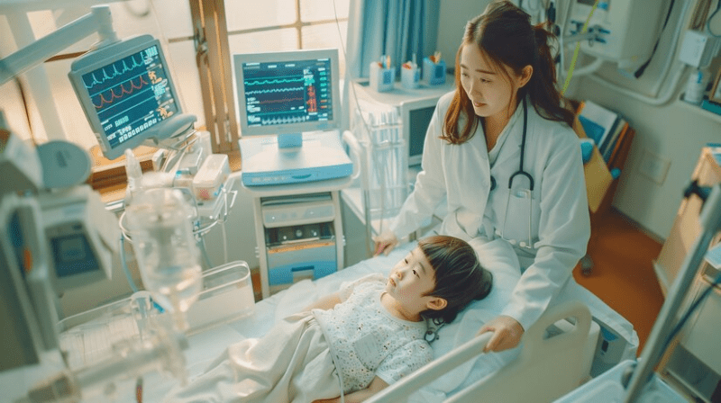 A nurse assessing a patient under pediatric intensive care.