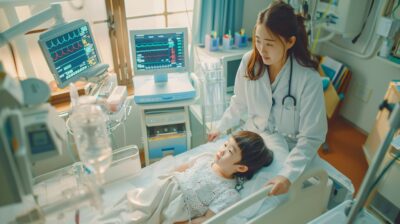 A nurse assessing a patient under pediatric intensive care